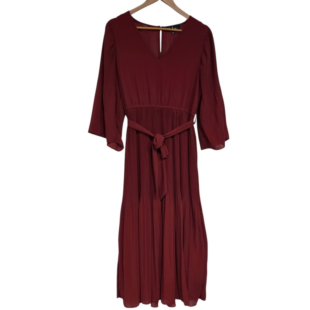 Lulus My Whole Heart Burgundy Long Sleeve Pleated Midi Dress Women L Red